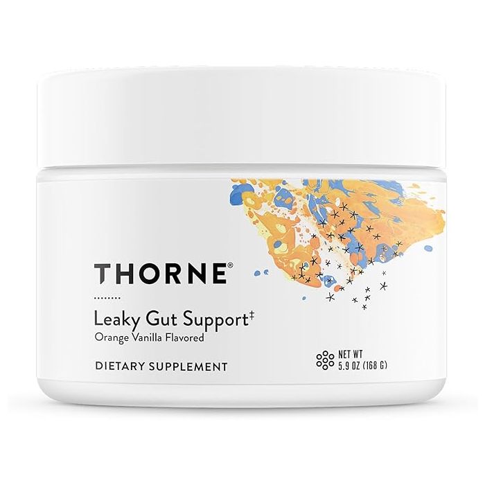 Orange vanilla gut health supplement container on white background